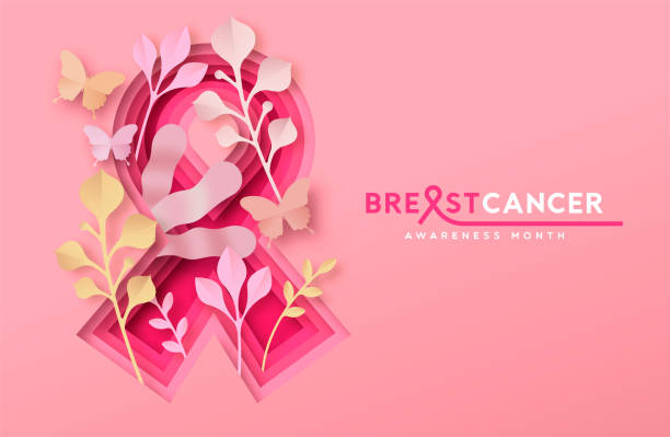 ilustraciones, imágenes clip art, dibujos animados e iconos de stock de tarjeta del mes del cáncer de mama de cinta de naturaleza cortada en papel - cancer de mama