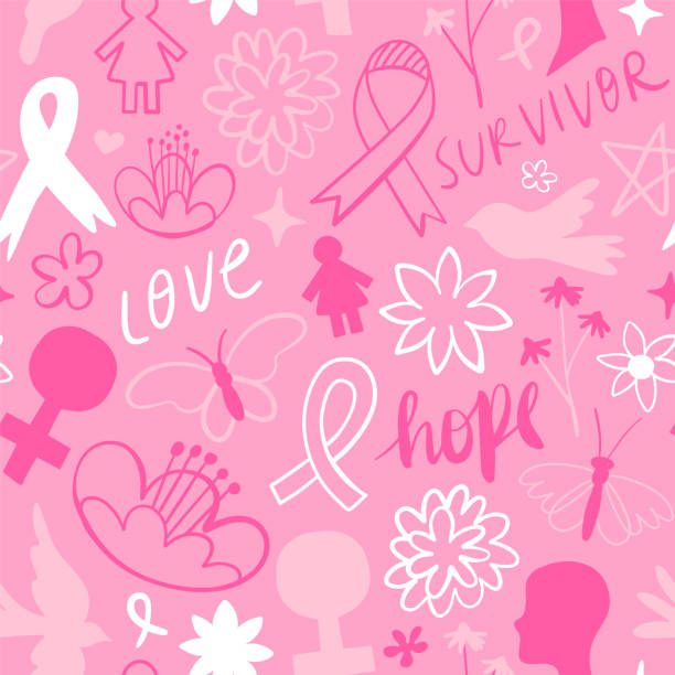 Breast cancer pink flower doodle background Breast Cancer awareness seamless pattern, pink spring doodle decoration background for women healthcare campaign. Includes ribbon, flowers, butterfly and inspirational words. beast cancer awareness month stock illustrations