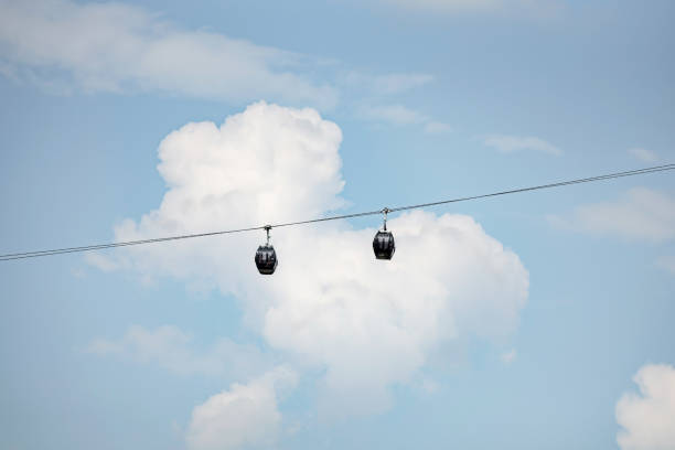 Gondola lift against blue sky background. Cable car transportation and tourist attraction in Poland, Solina Lake