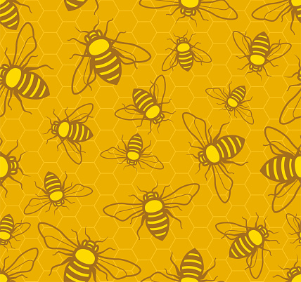 Vector Illustration of a Beautiful and Sweet Seamless Pattern Bees Over Pieces of Honeycomb