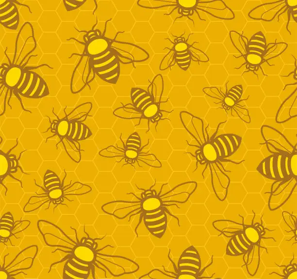 Vector illustration of Seamless Pattern Bees Over Sweet Pieces of Honeycomb