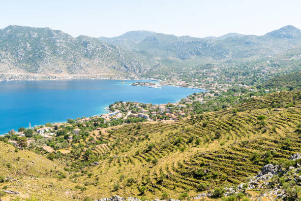 terraced mountain slopes and selimiye village on the bozburun peninsula in mugla, turkey. - mugla province imagens e fotografias de stock