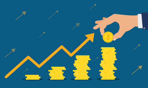 istock Businessman's hands are stacking gold coins. Sort ascending On the back, there is an arrow pointing up, showing the growth of business leadership and money. 1427571814