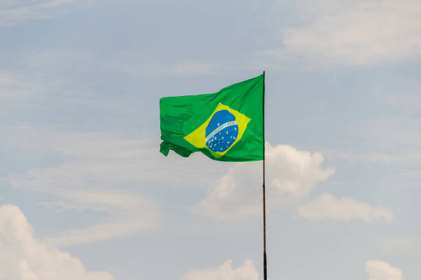 istock Brazilian flag flying and fluttering in the wind. 1427571900