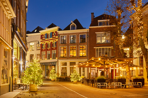 Small urban square with christmas decoration in the city center of Deventer, The Netherlands