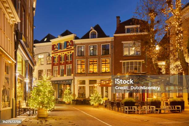 Urban Square With Christmas Decoration In Deventer Stock Photo - Download Image Now - Christmas, Store Window, Night
