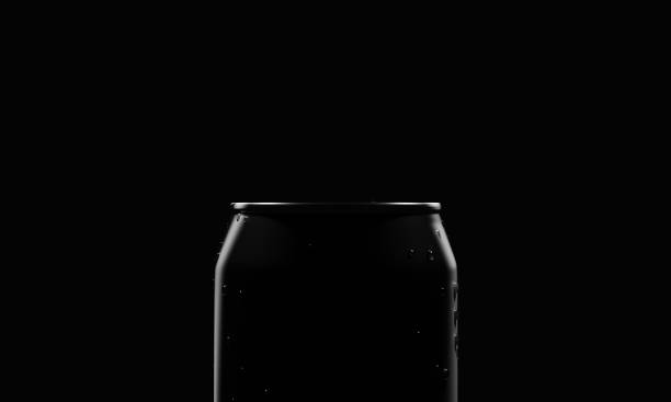close up top of cola or beer can container in the dark with studio lighting and condensate water droplet on aluminum surface. food drink and beverage concept. 3d illustration rendering - coke coca cola pouring ice imagens e fotografias de stock