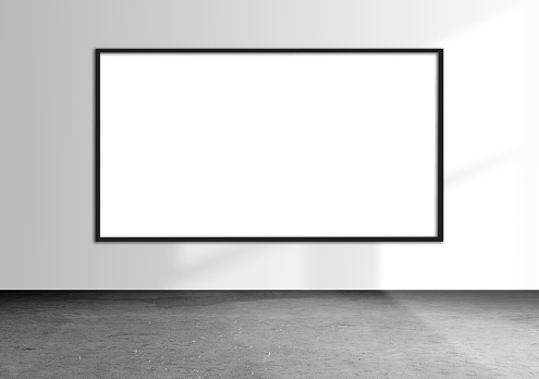 Blank white poster on wall in room. Art and promotion information for marketing announcements concept. 3d rendering