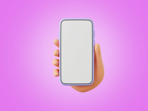 istock 3D cartoon hand holding smartphone, on pink background 1427574420