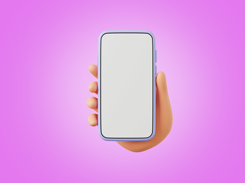 3D cartoon hand holding smartphone, on pink background, 3D render illustration