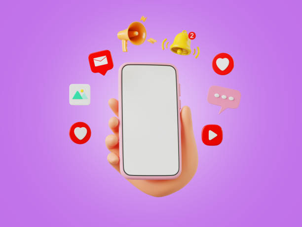 istock 3D cartoon hand holding smartphone Social network icon online communication application with smartphone concept 1427574466