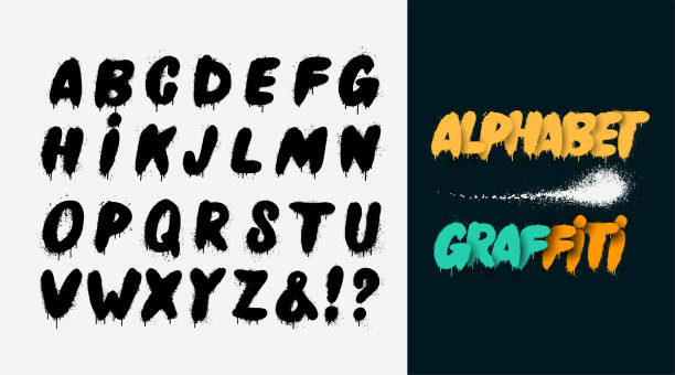 ilustrações de stock, clip art, desenhos animados e ícones de spray vector graffiti black font. street art wall tagging lettering, dirty graffitis letters. alphabet grunge, street art graffiti sprayed abc lettering. isolated symbols set. - typescript graffiti computer graphic label