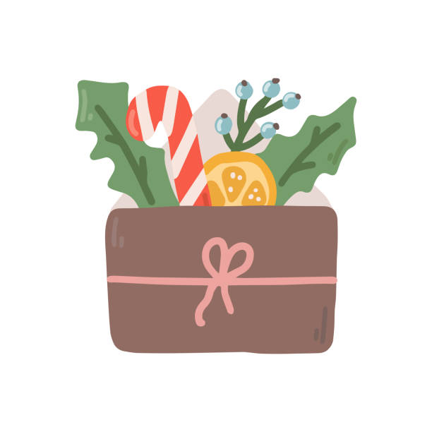 ilustrações, clipart, desenhos animados e ícones de ilustração plana de natal, envelope festivo com doces e frutas no fundo branco - mail cheerful new surprise