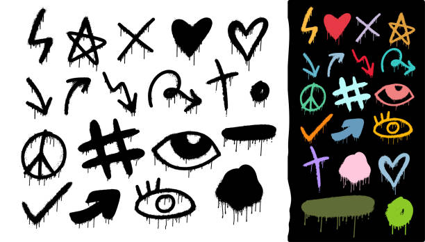 ilustrações de stock, clip art, desenhos animados e ícones de big collection of graffiti spray pattern. colorful symbols, smile, hearts, dot and stroke with spray texture. design elements black and colored for banner, decoration, poster, street art and ads. - spray paint vandalism symbol paint