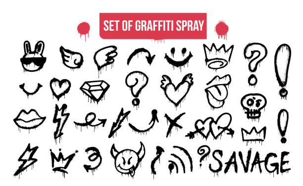 a graffiti spray minta nagy gyűjteménye. tervezési szimbólumok, korona, mennydörgés, ördög, koponya, szív, nyíl stb. spray textúrával. fehér háttérrel ellátott elemek bannerhez, dekorációhoz, utcai művészethez és hirdetésekhez. - falfestmény témájú stock illusztrációk