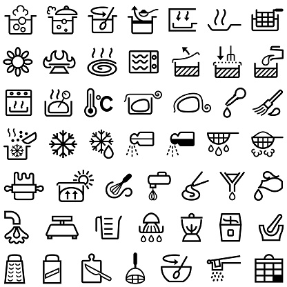 Single color isolated outline icons of cooking instructions and kitchen utensils