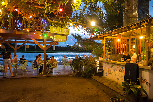 Limon, Costa Rica - September 13, 2022: Nightlife in a restaurant in the town of Tortuguero
