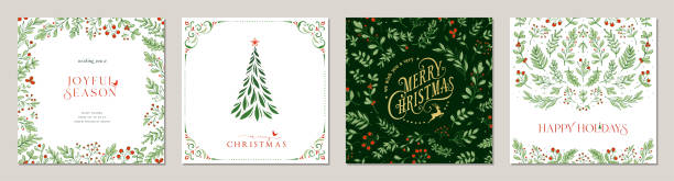 Universal Square Christmas Templates_02 Winter Foliage Holiday cards. Universal Christmas templates with decorative Christmas Tree, reindeer, floral background and frame with copy space, birds and greetings. evergreen garland stock illustrations