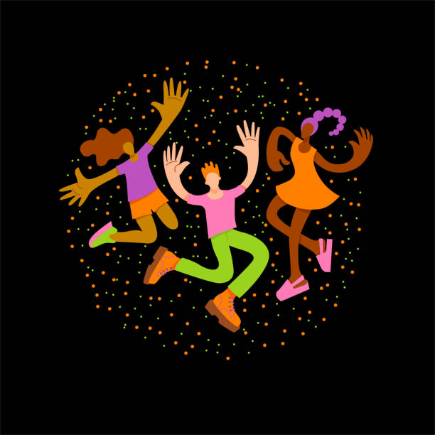 young girls and a guy of different skin colors jump and dance. Logo, poster, postcard for a music festival young girls and a guy of different skin colors jump and dance. Logo, poster, postcard for a music festival groups of teens stock illustrations
