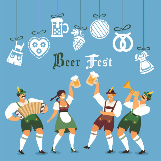 дизайн этикеток beer fest. приглашение на пивную вечеринку. люди танцуют и празднуют. - german culture oktoberfest dancing lederhosen stock illustrations