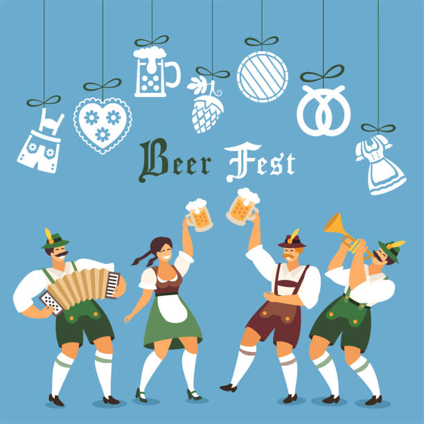 Beer Fest Labels Design. Beer party invitation. People dancing and celebrating. Beer Fest Labels Design. Beer party invitation. People singing dancing and celebrating. background of a cheers beer mugs stock illustrations