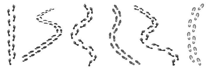 Human feet traces. Foot steps silhouettes, footstep trail track walk people footprint hiking travel path barefoot or sneaker, isolated footmark pattern, vector illustration of imprint human footprint