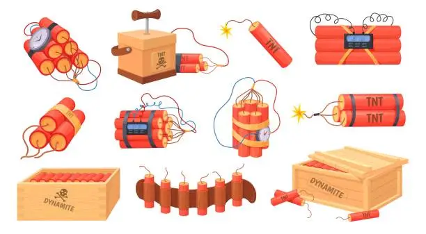 Vector illustration of Tnt dynamite. Cartoon bomb with burning wick and explosive detonator, red stick box mining blast charge, destroy firecracker miniature fuse burning