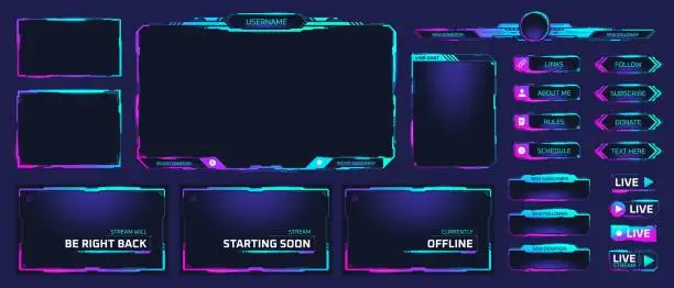 Vector illustration of Game stream frames. Glow theme for live conference of gaming streamers, hud frame twitch streaming media gamer broadcast webcam digital box video screen, garish vector illustration