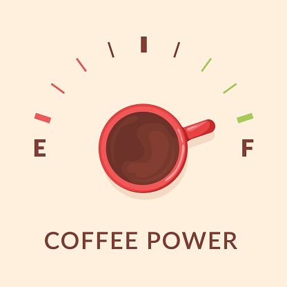Coffee fuel. Caffeine refuel gauge concept, cup power gas meter cafe fuelin speedometer, idea powerful morning caffeinated booster, hot drink poster design vector illustration of power coffee energy