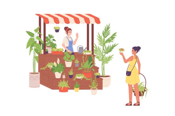 illustrations, cliparts, dessins animés et icônes de vendeur de plantes d’intérieur. magasin local de plantes d’intérieur étal de rue de fleurs en pot, fleuriste professionnelle, beau marché aux plantes florales, fleuriste de jardin féminin kiosque vectoriel illustration - store flower bouquet florist