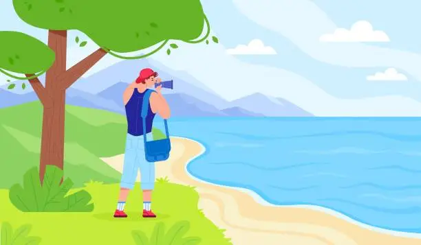 Vector illustration of Photographer taking landscape picture. Travel cameraman making photograph amazing nature mountain seaside, tourist with discover camera, swanky vector illustration