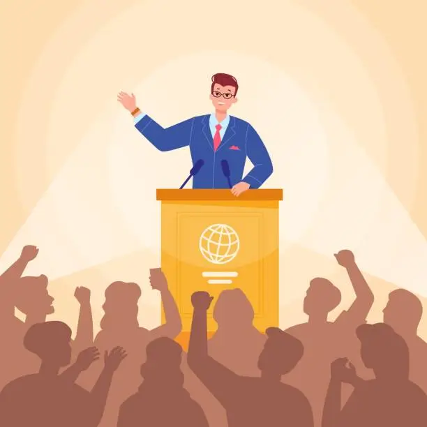 Vector illustration of Politician speaker audience. Minister president government on podium speaking with voting people, public speech confident orator in conference tribune, swanky vector illustration