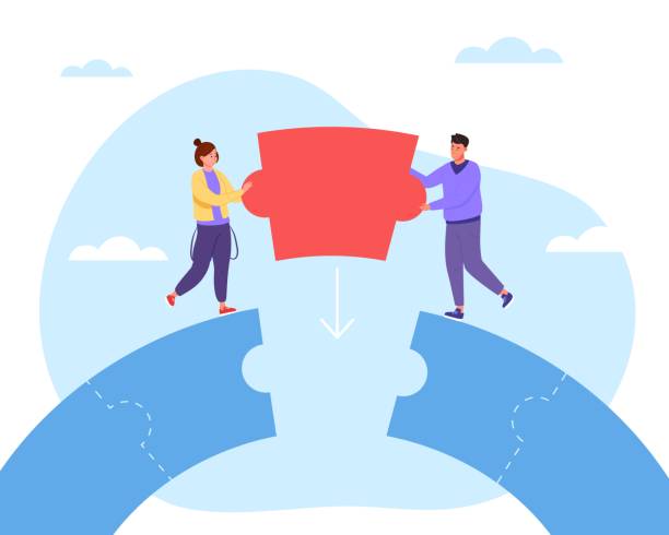 Business bridge puzzle. Gender collaboration connecting accessing building partner bridges complete gaps compromise problem risk of entrepreneurs team concept vector illustration of bridge puzzle