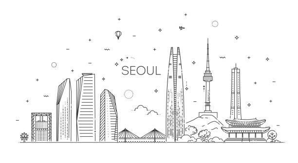 City of Seoul, South Korea architecture line skyline illustration Linear vector cityscape with famous landmarks, city sights seoul province stock illustrations