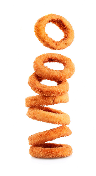 Fried onion rings on a white background. Fast food.