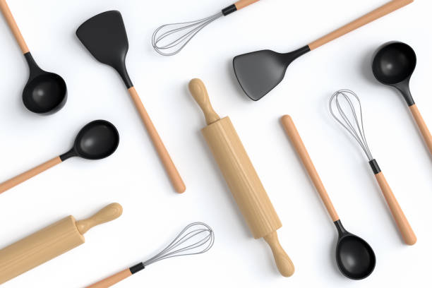 istock Wooden kitchen utensils, tools and equipment on white background. 1427590694
