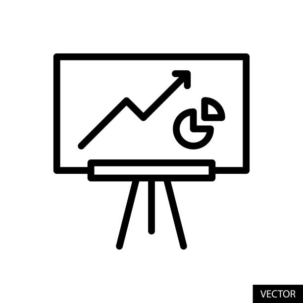 tablica prezentacyjna z ikoną wektorową wykresu i wykresu kołowego w stylu liniowym izolowana na białym tle. edytowalny obrys. - graph arrow sign chart single line stock illustrations