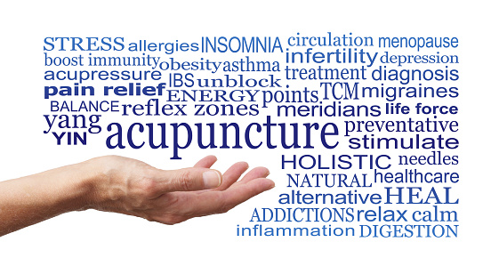 female open hand with the word acupuncture above surrounded by a relevant word cloud on a white background