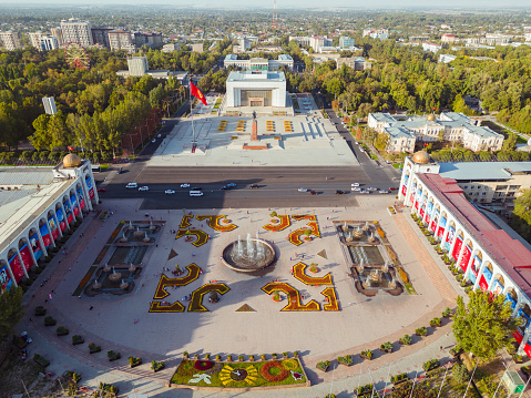 Bishkek, Kyrgyzstan - September 25, 2022: Aerial view of Bishkek city's Ala-Too central square
