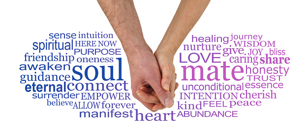male and female hands holding surrounded by a SOUL MATE word  cloud