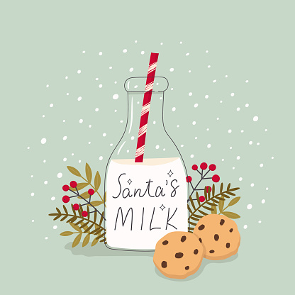 Treat for Santa Claus. Milk in bottle with straw and chocolate cookies. Decoration of twigs, leaves and berries. Hand drawn 