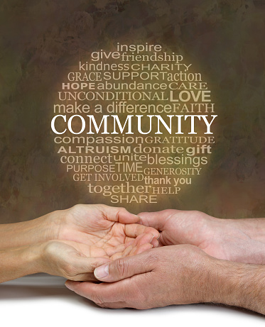 male hands cupped unde female cupped hands with a circular word cloud relevant to COMMUNITY above on a warm brown dark background