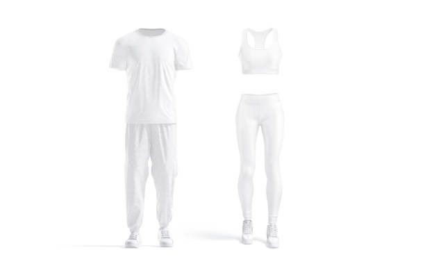 空白の白人男性と女性のスポーツ制服モックアップ、孤立 - underwear men t shirt white ストックフォトと画像