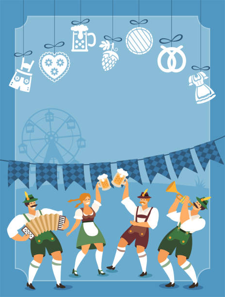 illustrations, cliparts, dessins animés et icônes de étiquettes beer fest. affiche du beer fest. les gens dansent et célèbrent. fête de la bière. fête de la bière. - oktoberfest germany munich bavaria