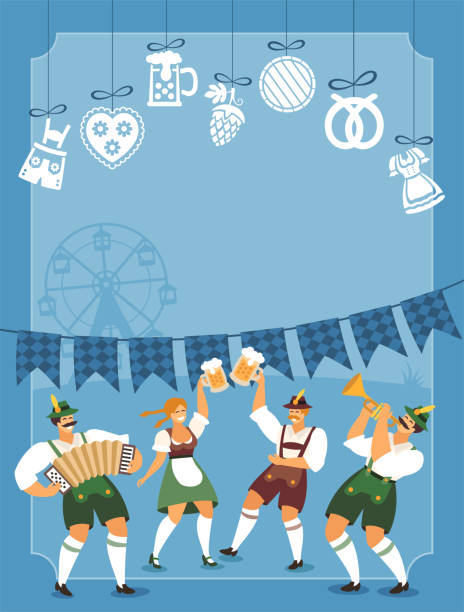 ilustrações, clipart, desenhos animados e ícones de rótulos do beer fest. pôster do beer fest. pessoas dançando e celebrando. festa da cerveja. festival da cerveja. - traditional clothing