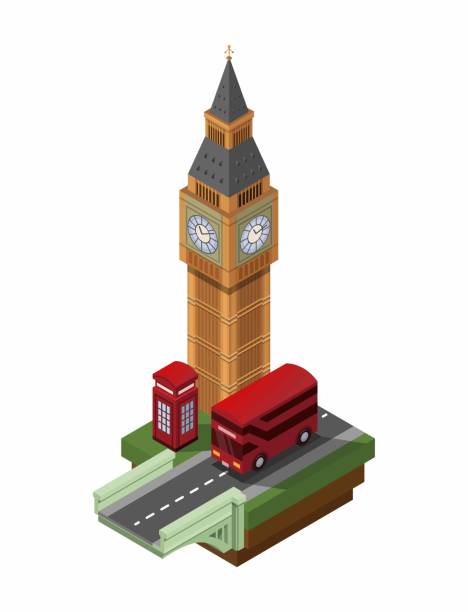 big ben gebäude mit telefonzelle und doppeldeckerbus berühmtes wahrzeichen in london, england illustration isometrischer vektor - big ben isometric london england famous place stock-grafiken, -clipart, -cartoons und -symbole