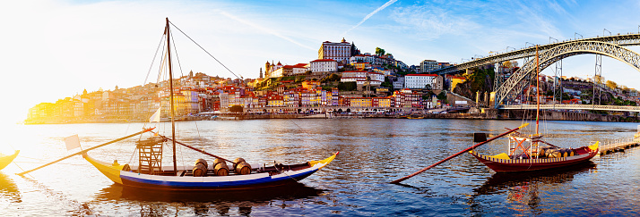 Oporto city and Ribeira over Douro river from Vila Nova de Gaia, Portugal.