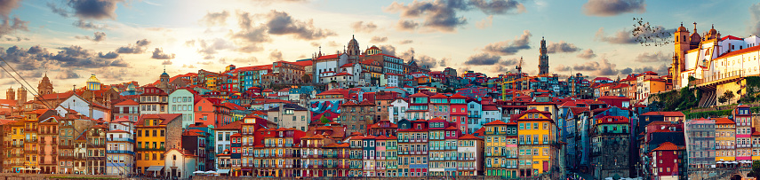 Oporto city and Ribeira over Douro river from Vila Nova de Gaia, Portugal.