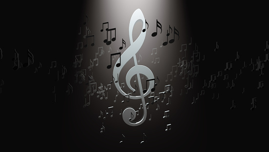 Treble clef in a circle of musical notes on a black background. Design. 3D illustration