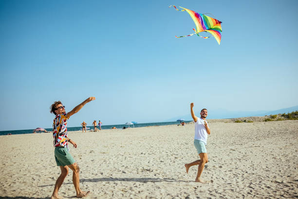 istock Young man  flying kite on beach 1427610397
